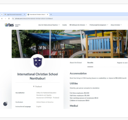TES/Schrole recruitment profile for International Christian School Nonthaburi showing advertised employment information.