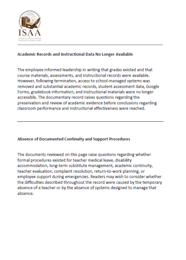 Academic Records and Instructional Data Statement An official document page from ISAA discussing the unavailability of academic records and the absence of documented continuity procedures.