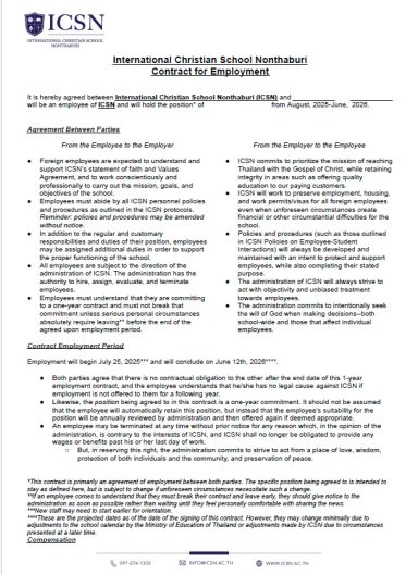 Unedited page 1 of the employment contract detailing administrative rights and standard notice guidelines.