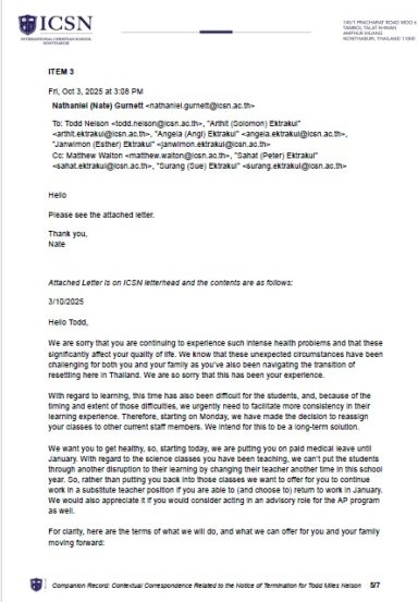 ICSN letter proposing replacement teaching arrangements and employment changes during medical leave.