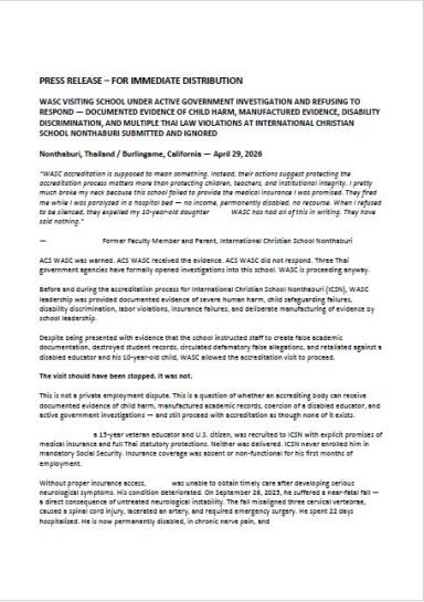 Public Disclosure of WASC Inaction and Visiting Team Press release document dated April 29, 2026, outlining chronic injury, labor infractions, and WASC's lack of intervention.