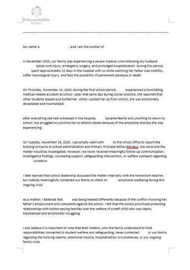 Mother's Formal Statement of Facts Mother's statement detailing her husband's spinal hospitalization, the student's in-school medical accident, and unreported peer bullying.