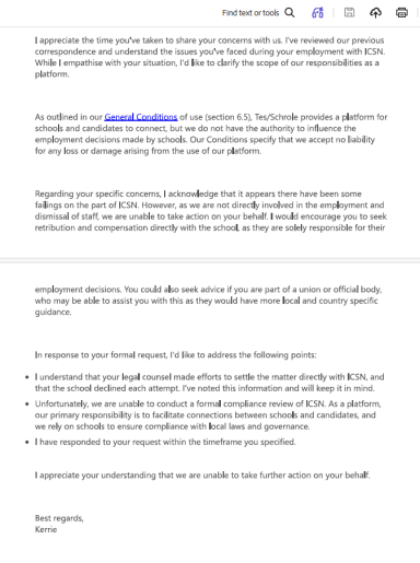 TES correspondence responding to concerns raised regarding ICSN employment matters.