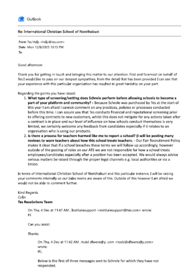 Complaint letter to Schrole leadership concerning recruitment and employee welfare concerns.