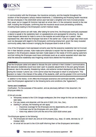 ICSN termination document referencing community safety concerns and alleged conduct during hospitalization