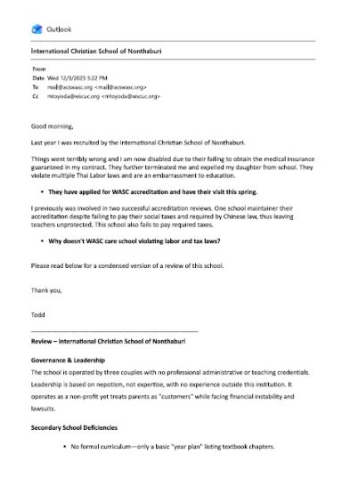 Initial email to WASC raising concerns regarding ICSN practices and accreditation suitability.