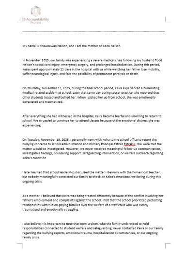Statement from Keira Nelson’s mother regarding bullying and emotional trauma