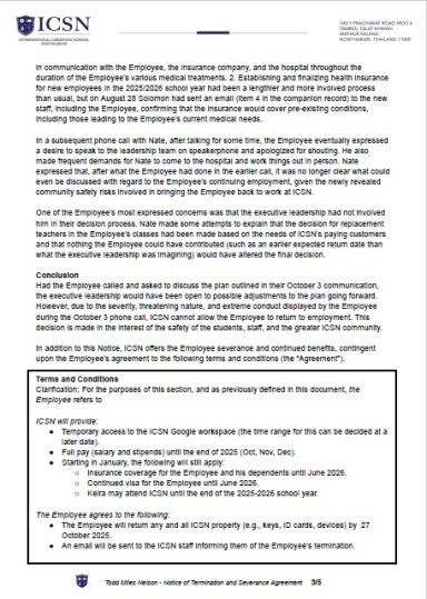 ICSN termination agreement outlining conditions attached to continued benefits and employment separation.