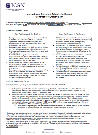 First page of ICSN employment contract showing employment terms, duties, and termination provisions.