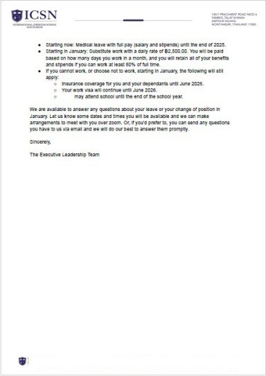 ICSN Severance Benefits Package and Handover Requirements Terms and conditions page showing transition benefits provided by ICSN, including salary payments, visa extensions, and requirements for the