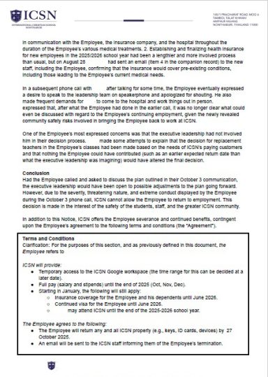 ICSN Severance Agreement Execution Deadline and Effective Date Execution page of the ICSN agreement showing the October 18 signature deadline, October 15 termination date, and the employee acknowledgment