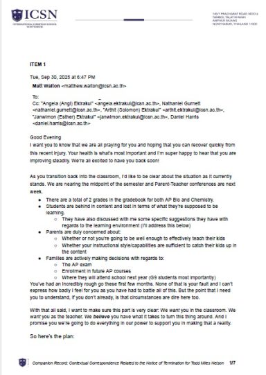 Matt Walton email discussing grades, curriculum concerns, and parent feedback.