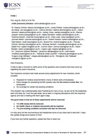 ICSN administrative email discussing insurance requirements, exclusions, and coverage concerns affecting staff