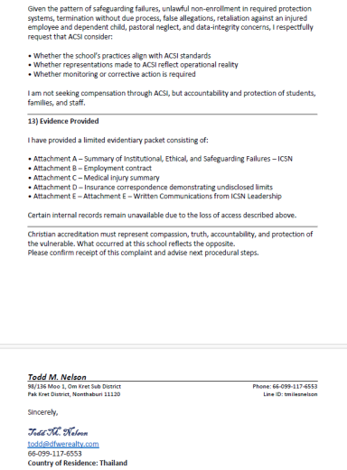 Supporting evidence package submitted to ACSI including employment, insurance, medical, and leadership communications.