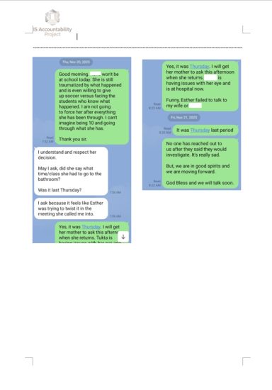 Homeroom Chat Log — Parent and Staff Communications (Part 2) Chat log detailing lack of school socio-emotional support, medical follow-ups, and a formal bullying investigation request.