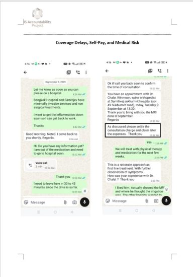 WhatsApp messages discussing hospital treatment, insurance delays, and employee self-payment requirements.