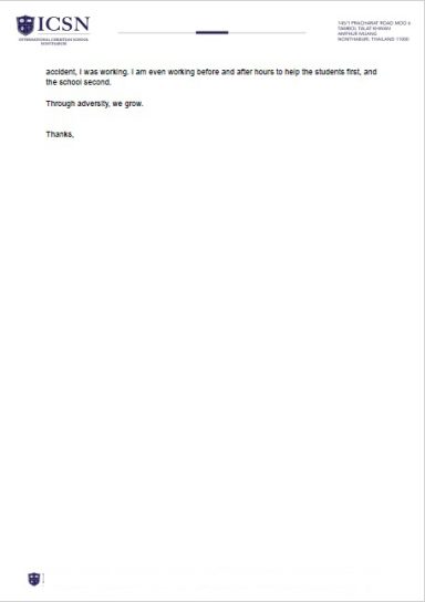 Teacher Statement on Student Support Excerpt of a letter on ICSN letterhead addressing dedication to student support and growth through adversity.