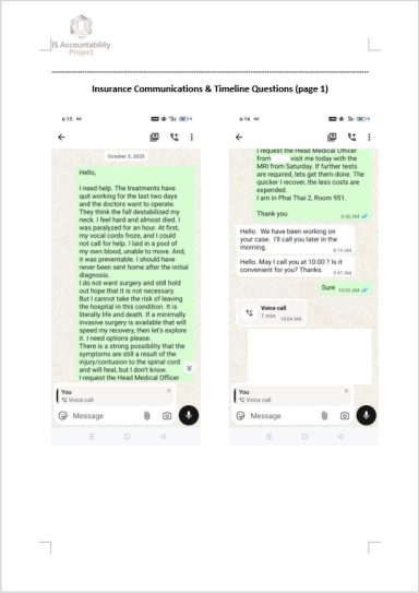Mobile screenshots of WhatsApp messages detailing specialist spine consultations, recommendations, and consent form arrangements.