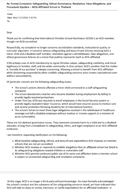 ACSI Follow-Up Correspondence Follow-up email sent to ACSI requesting clarification on membership safeguarding standards and oversight expectations.