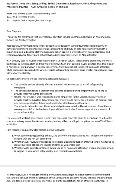 Follow-up correspondence requesting clarification of ACSI safeguarding expectations and responsibilities for affiliated schools.