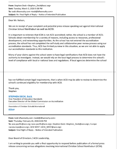 Response from ACSI following notice of intended publication concerning allegations and documented concerns involving ICSN Thailand.