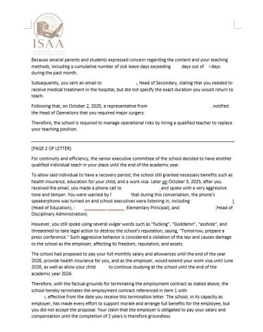  Formal letter displaying the official translation of an employment termination notice dated November 3, 2025.