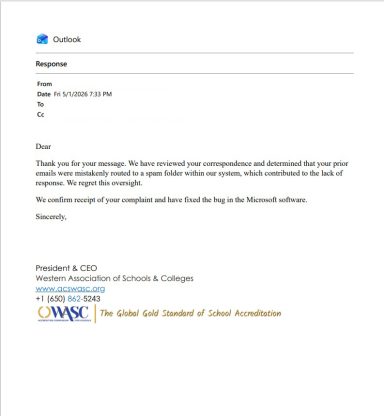 WASC Executive Acknowledgment of Spam Folder Glitch Outlook email screenshot showing WASC President apologizing for a technical bug that directed prior emails to the spam folder.