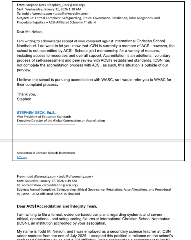 Email response from ACSI acknowledging receipt of a complaint concerning ICSN Thailand and outlining its position regarding oversight.