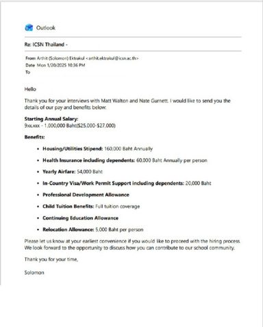 ICSN recruitment email outlining health insurance and employee benefits