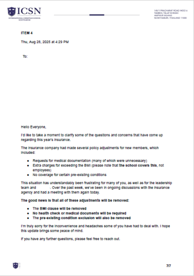 Official school email correspondence addressing staff insurance policy updates and the removal of restrictive clauses.