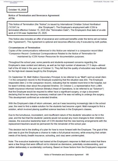 Official termination notice issued by ICSN on October 15, 2025, during the employee's hospitalization for cervical spine surgery.