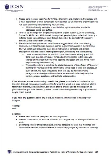 Matt Walton request for curriculum plans and instructional documentation.