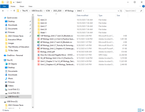 AP Biology Unit 2 Course Materials Windows File Explorer interface displaying subfolders and files for AP Biology Unit 2, featuring practice quizzes, study notes, and textbook