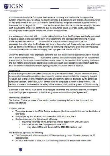ICSN Community Safety Review and Employee Termination Decision A text document explaining administrative phone calls, safety risk evaluations, and the formal offer of severance and continued benefits con
