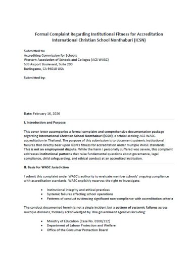 Formal complaint package outlining safeguarding, governance, and compliance concerns.