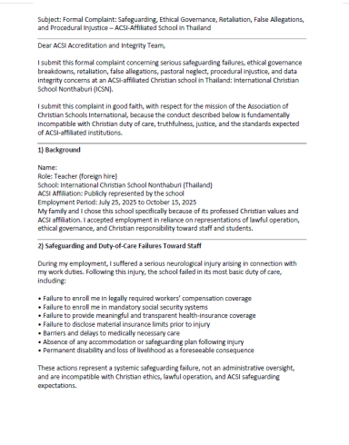 ACSI Formal Complaint Submission First page of the formal complaint submitted to ACSI regarding safeguarding and ethical governance at ICSN Thailand.
