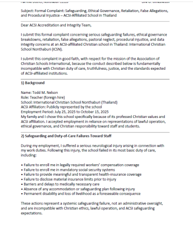Formal complaint submitted to ACSI regarding safeguarding, governance, retaliation, and duty-of-care concerns involving ICSN Thailand.