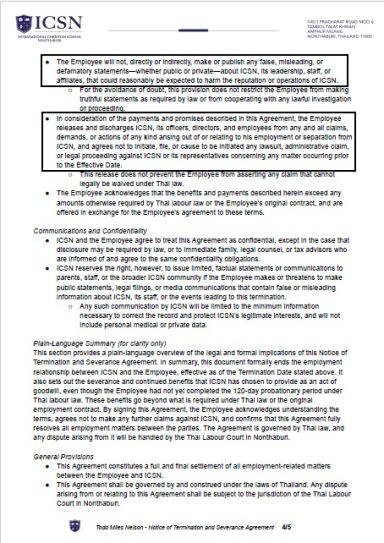 ICSN severance agreement containing waiver of claims, confidentiality terms, and liability release provisions.