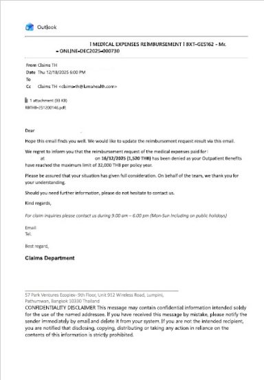 Formal Outlook email correspondence from an insurance provider outlining a medical claim rejection due to exceeded outpatient limits.