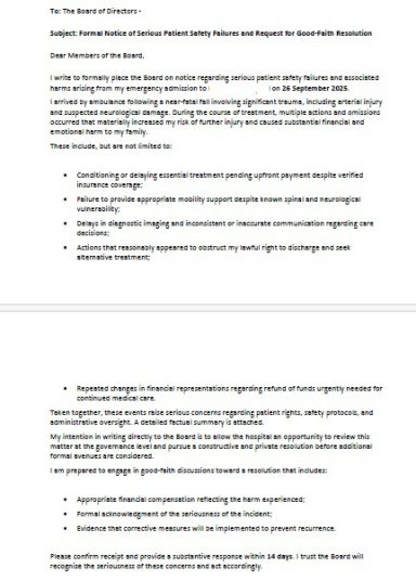 Formal grievance letter sent to a medical Board of Directors highlighting patient safety failures and demanding resolution.