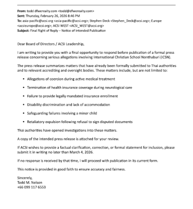 Formal right of reply notice sent to ACSI leadership before publication of concerns regarding ICSN Thailand.