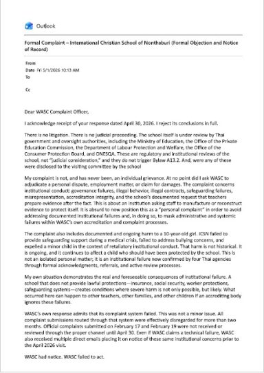 Rejection of WASC Dismissal and Clarification of Scope Formal objection letter dated May 1, 2026, sent to WASC challenging their refusal and outlining active Thai authority reviews.