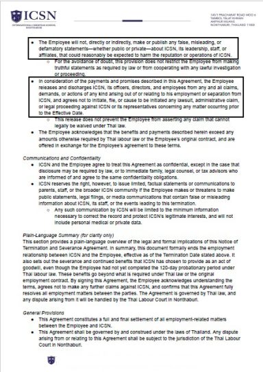ICSN Mutual Release of Claims and Non-Defamation Agreement Clauses Legal contract page showing provisions for mutual release of claims, non-defamation terms, and confidentiality requirements for both parties