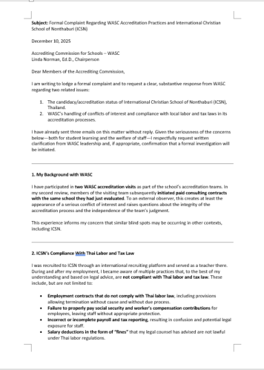 Formal complaint letter submitted to WASC leadership regarding ICSN.