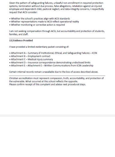 Supporting Documentation Checklist Concluding page of the complaint document outlining the list of submitted attachments and evidentiary materials.