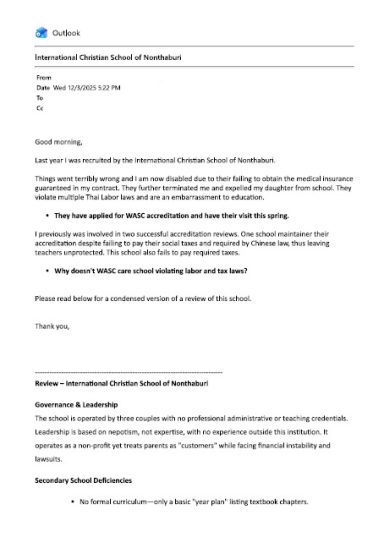 Initial Notice and Outreach to WASC (December 2025) Outlook email dated Dec 3, 2025, detailing initial notifications to WASC leadership regarding school contracts and lack of teacher protectio