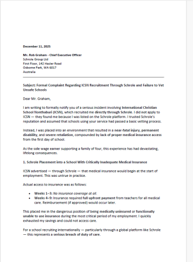 Complaint submitted to TES and Schrole regarding recruitment, insurance, and employment issues.