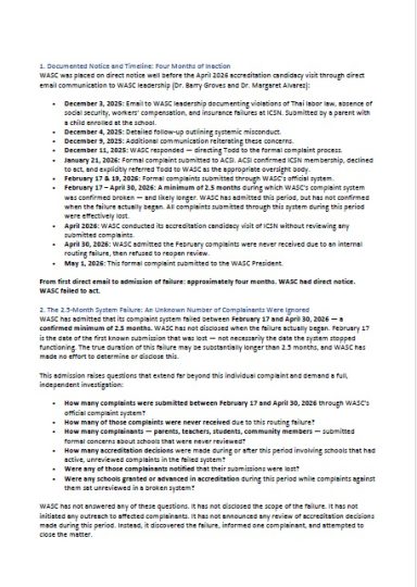 Timeline of communications and escalation attempts directed to WASC officials.