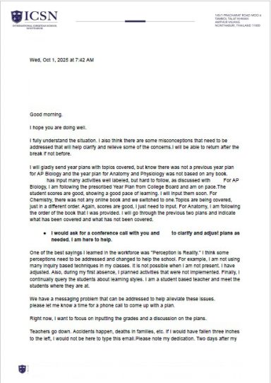 Teacher Response Letter on Curriculum and Progress An email correspondence dated October 1, 2025, detailing progress on year plans for AP Biology, Chemistry, and Anatomy.