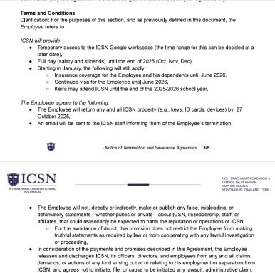 Proposed severance terms conditioning the continuation of health insurance and school enrollment on signing the separation agreement.